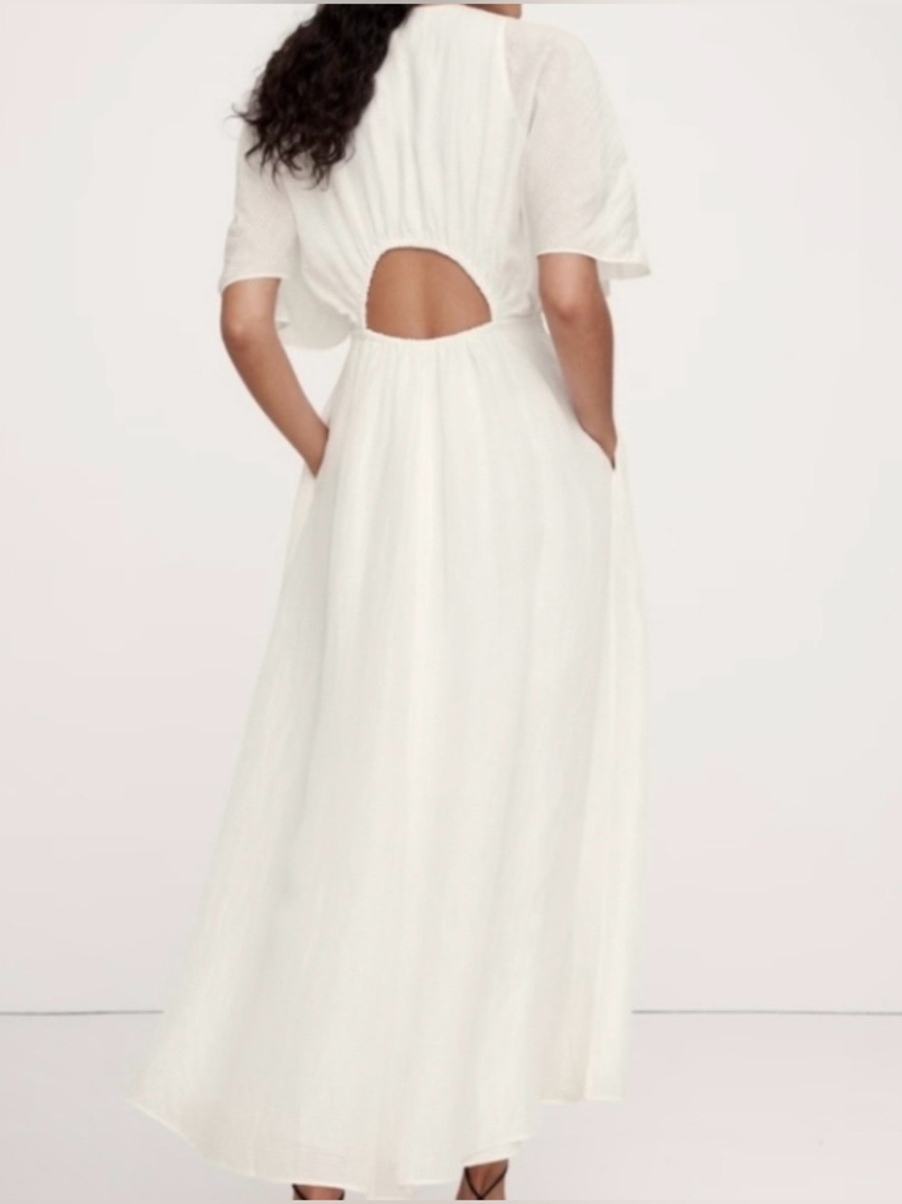 NWOT BR White Silk Linen Cutout Back Maxi Dress Relaxed XS Flutter Sleeve